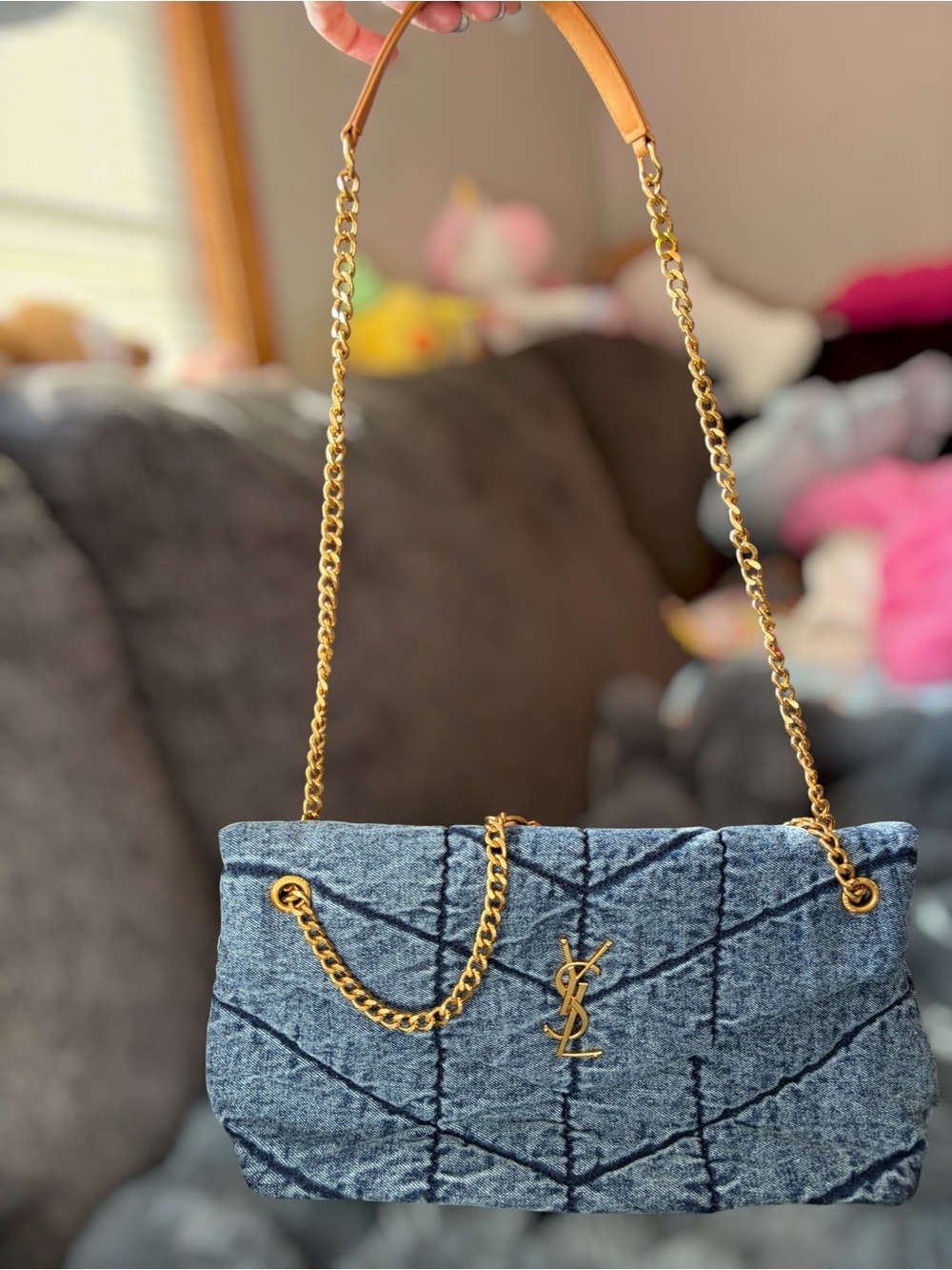 Denim Quilted Chain Shoulder Bag